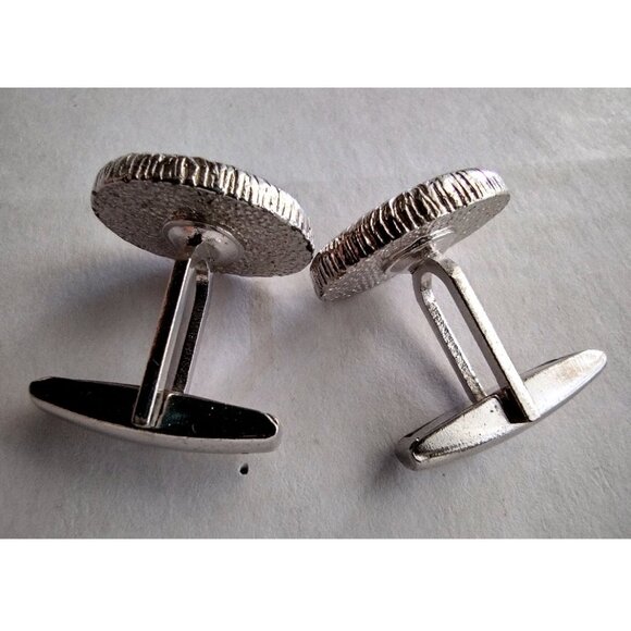 Vintage Cuff Links Black Circle Inset Silvertone Diamond Shape Inset - Picture 5 of 8